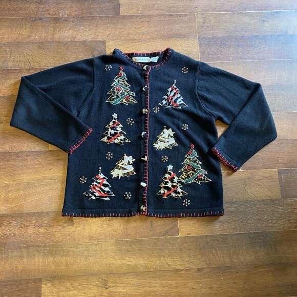 Vtg Christmas Cardigan Sweater Womens M Elegant Trees Beaded Embroidered Dressy - Picture 1 of 5
